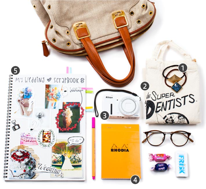 ヘアゴム・エコバッグ・デジタルカメラ・筆記用具・イメージ