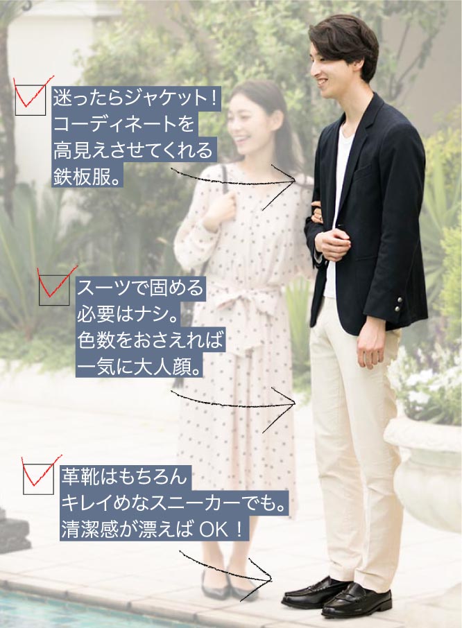 迷ったらジャケット!コーディネートを高見えさせてくれる鉄板服。スーツで固める必要はナシ。色数をおさえれば一気に大人顔。革靴はもちろんキレイめなスニーカーでも。清潔感が漂えばOK!
